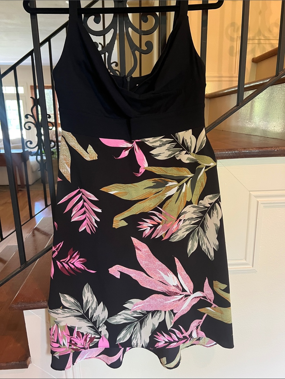 CAbi Black Mini Dress with Pink & Green Tropical Print